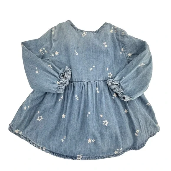 OshKosh B'gosh Star Print Chambray Dress Toddler 18M Blue Bow Detail Long Sleeve