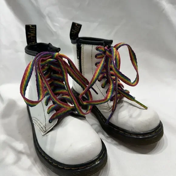 Dr Martens Toddler size‎ 10 White Leather Lace Up Boots Rainbow Laces 1460T