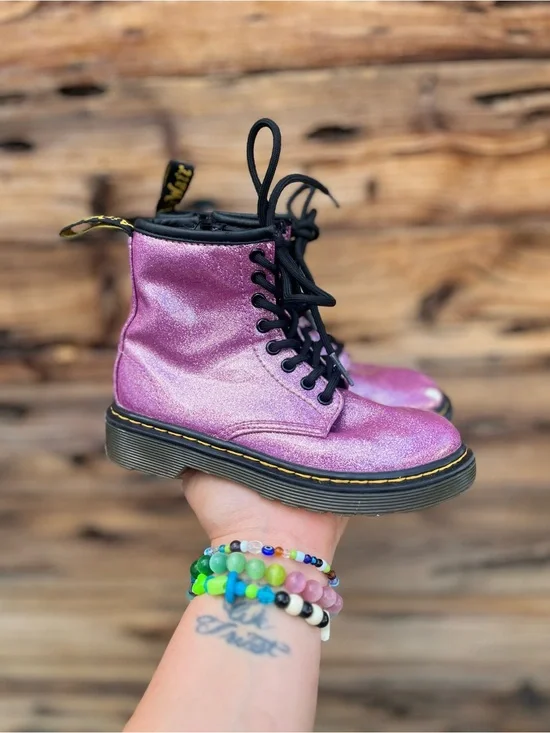 DR.MARTENS | Sparkle Pink Combat Boots with Black Laces 11