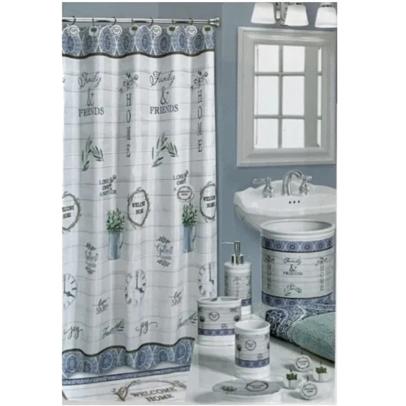 Modern Farmhouse Fabric Shower Curtain White Blue Multicolor 72 in X 72 in