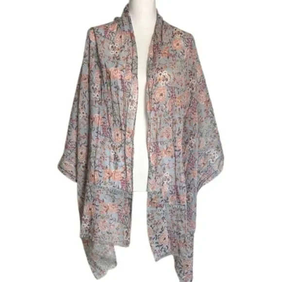 Ann Taylor LOFT Womens Floral Scarf OS Rectangle Fringe Crochet Spring Pink Blue