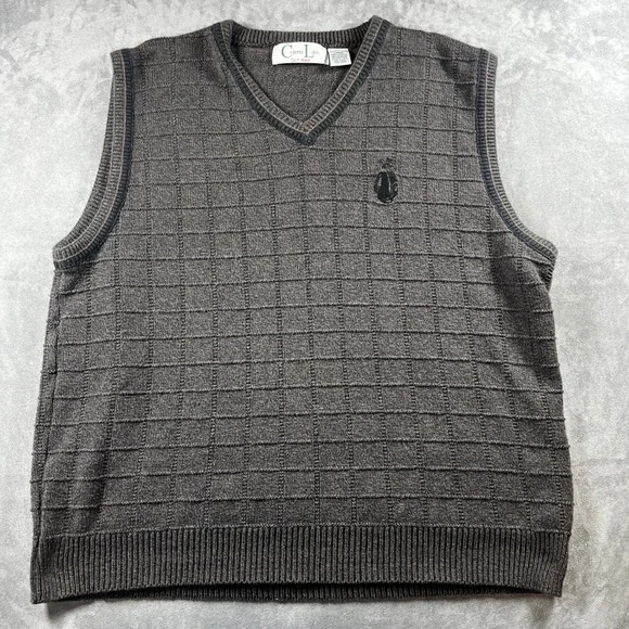 VTG Cypress Links Golf Wear Mens Large Gray Textured Grid Cotton Sweater Vest‎