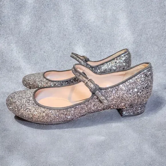Miu Miu Glitter Mary Jane Low Heel Pumps EU 36 Silver Gray Made in Italy