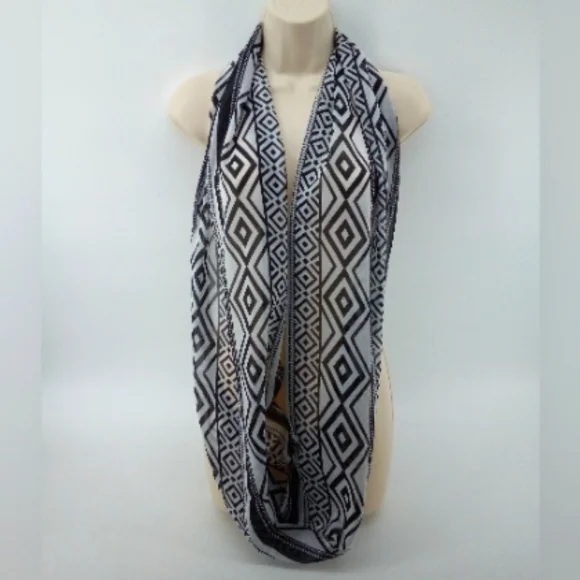 Retro Southwest Tribal Aztec Black White Infinity Sheer Scarf
