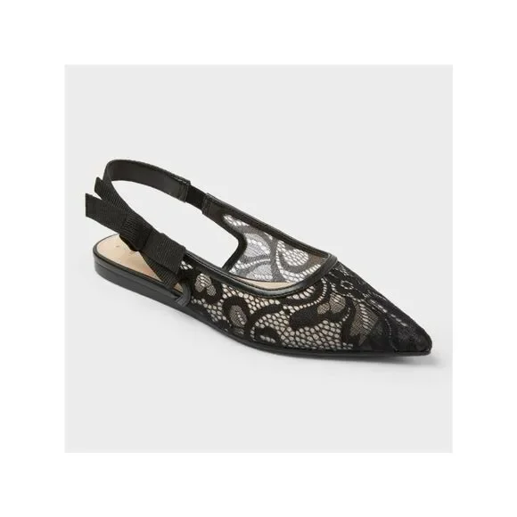Women's London Lace Sling Back Bow Flats - a New Day™ Black 9.5: Cushioned Insol