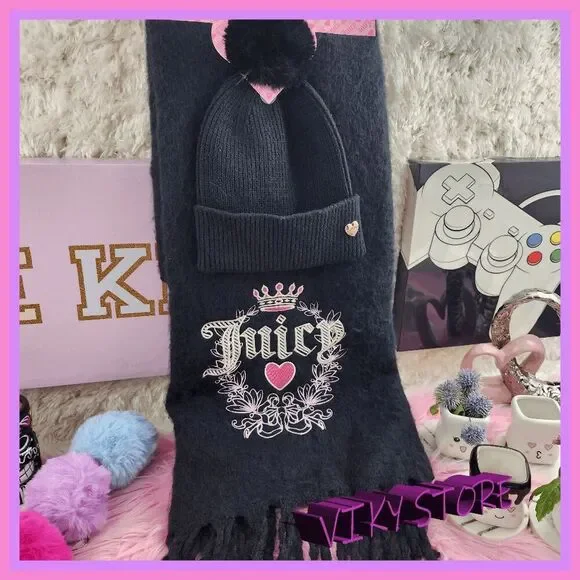 ❤️ NWT Juicy Couture Black Faux-Fur Beanie & Scarf Set Winter Chic ❤️