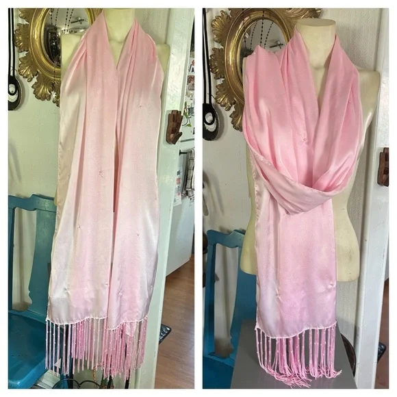 Long Pink Scarf w Pearl Accents and Fringe
