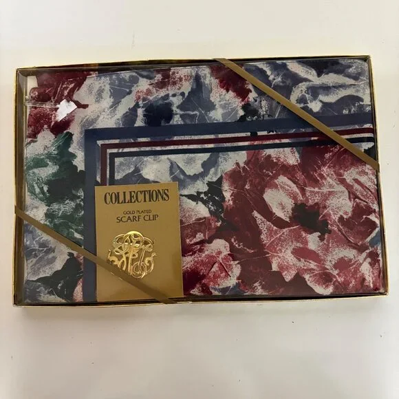 Montgomery Ward Floral Scarf and Gold Scarf Clip Boxed Set NEW Vintage