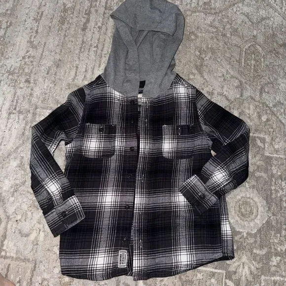 Oshkosh Boy Hooded‎ Flannel Shirt Black/gray/white 7