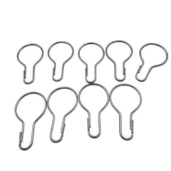 Vtg Steel Shower Curtain Hooks Rings Set of 9 Silver Metal Pear Shape Hooks