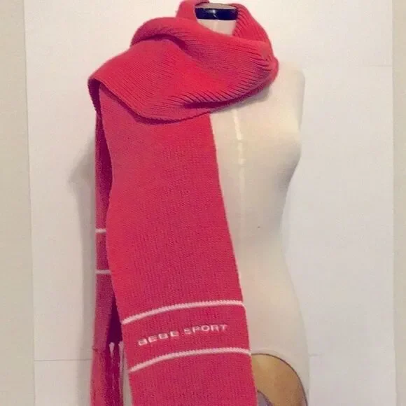 BEBE Sport Scarf Vintage Sport Ski Magenta Knit Fringed Scarf  Shawl White Logo