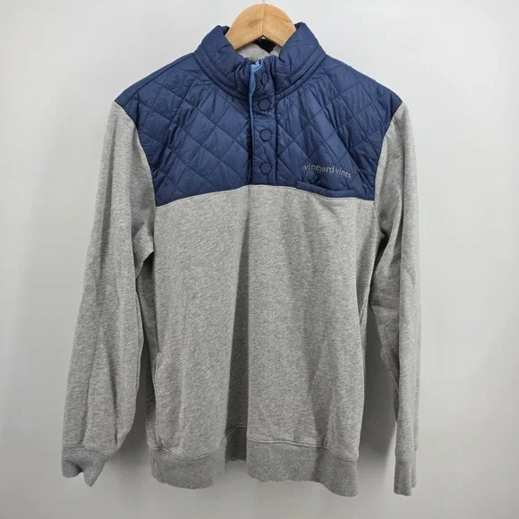 Vineyard Vines Mens Small Gray Blue Quilted Hybrid Shep Shirt Snap Pullover Hood