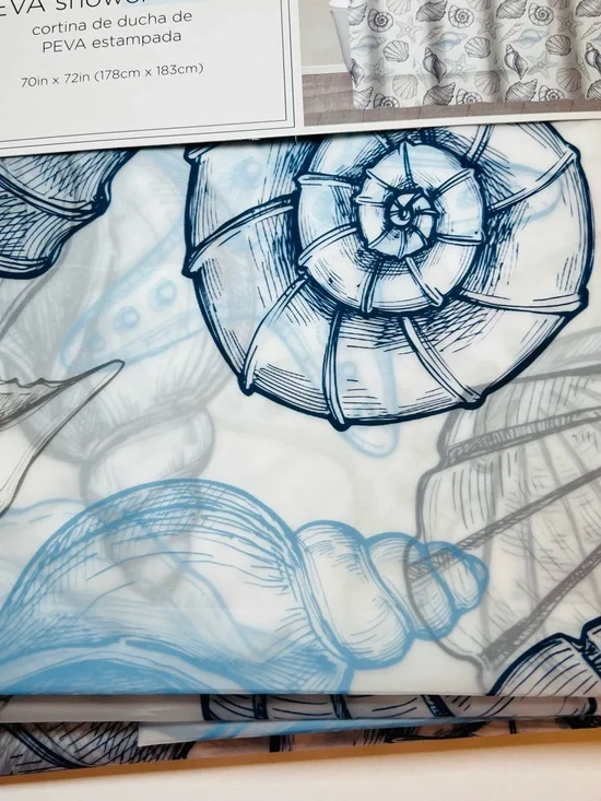 Coastal Shells Peva Shower Curtain Blue & Gray Seashore Seashells Sand