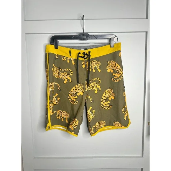 Hurley Mens Board Shorts Tiger Print‎ Olive Green Yellow Size 30 Swim Trunks