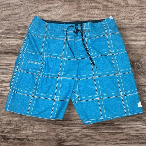 Quiksilver Electric 21‎ Blue Board Shorts Quick-Dry Plaid Draw Cord Sz 36