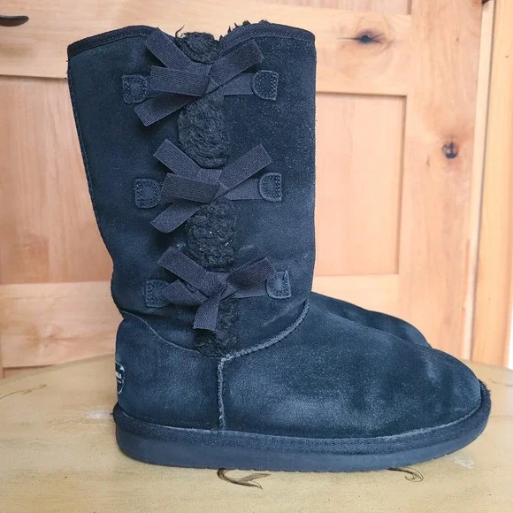 Koolaburra by UGG US 4 Black Suede Victoria Tall Triple Bow Boots Kids‎ Y2K Cozy