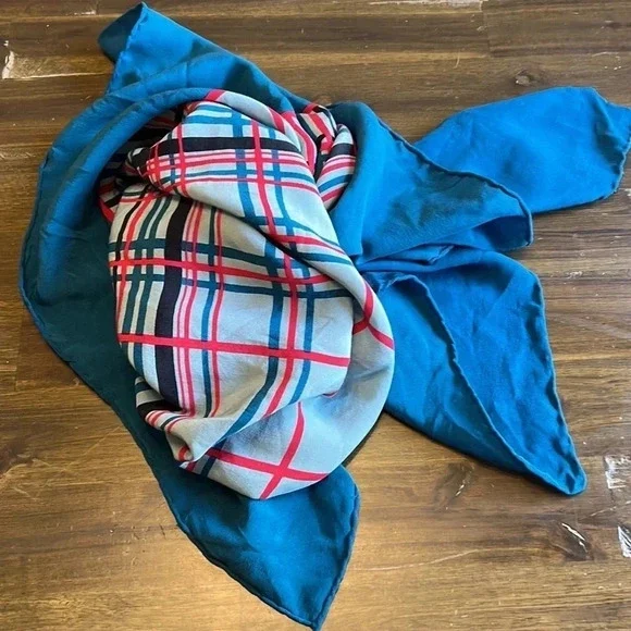 Franco Ferrari Grid Plaid Window Pane Scarf Silk Vintage Turquoise Blue Square