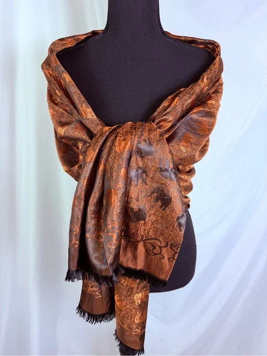 Luxury Copper Elephant Jacquard Shawl Wrap Metallic Pashmina Scarf Boho