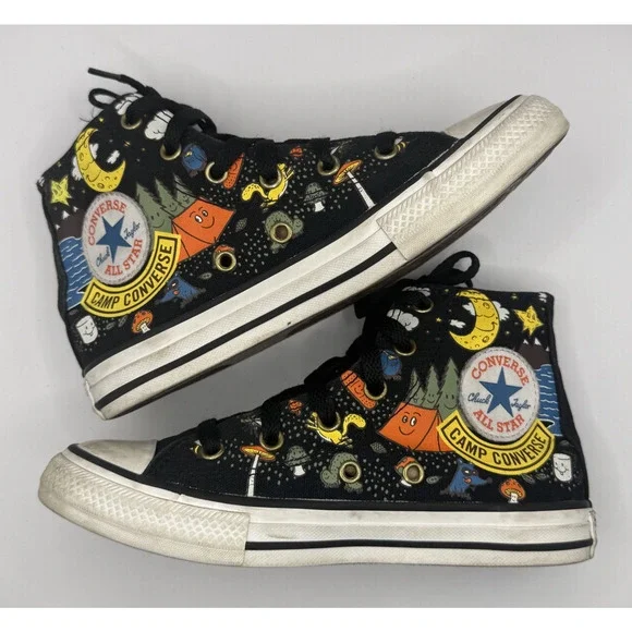 Camp Converse Kids Size 1.5 All Star Hi Tops Black Canvas Sneakers Lace Up Shoes