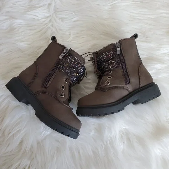 Blue Girls' Brown Glitter Strap Zip Lace Boots SZ 6