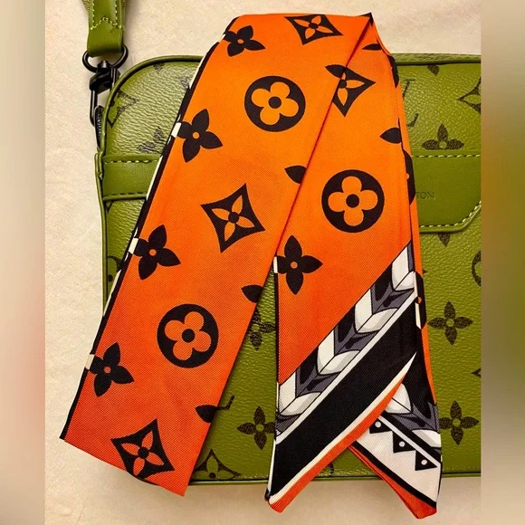 Orange and Black Monogram Patterned Twilly Bandeau Scarf Wrap