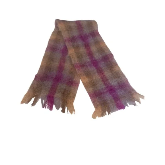 Vintage Cragie Creidhe Mohair Wool Plaid Scarf Purple Beige Woven‎ Scotland