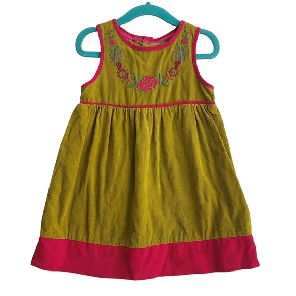 OshKosh‎ 3T Genuine Kids Chartreuse Corduroy Sleeveless A-Line Embroidered Dress