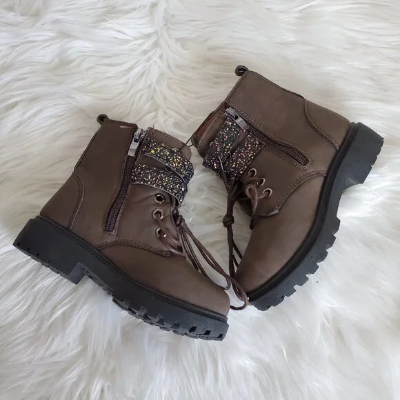 Blue Girls' Brown Glitter Strap Zip Lace Boots SZ 8