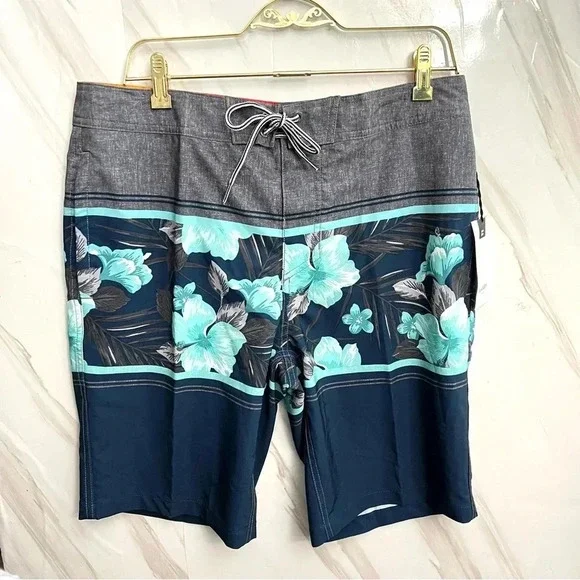 Board Shorts Swim Size 32 Navy Gray Teal Hawaiian Floral 10