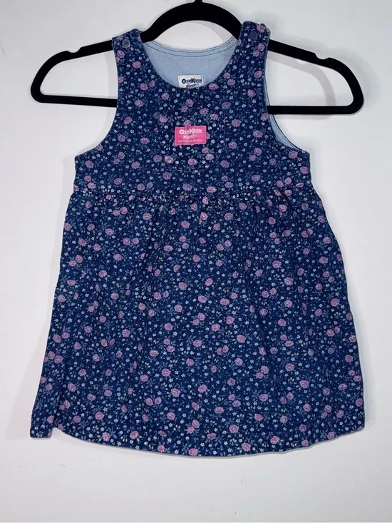 Vintage OshKosh B’gosh Girls Floral Denim Jumper Dress Blue Pink Size 4 USA