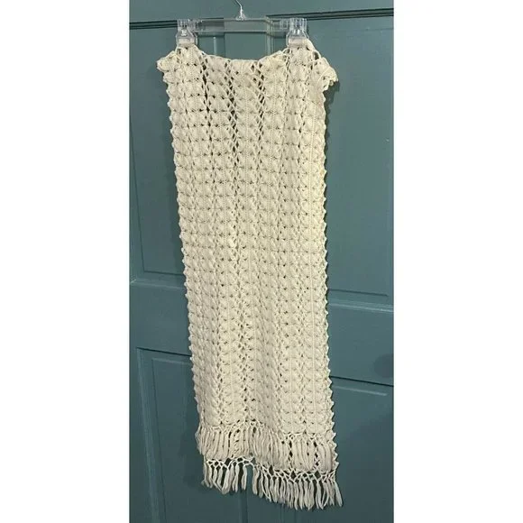 Vintage Lacey Shawl Wrap With Fringe Acrylic Openwork Pattern