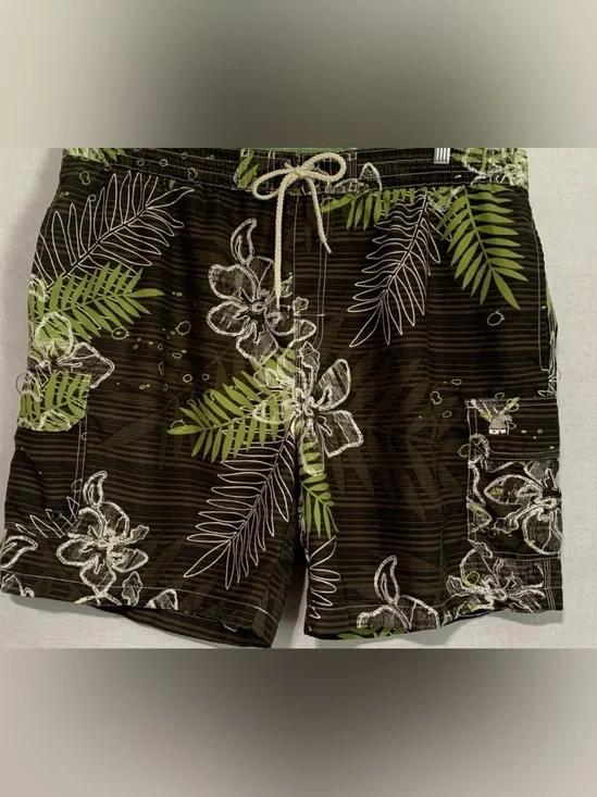 Caribbean Joe Men's Swim Trunks Size XL Black Green Tropical Lined Swim Swimwear