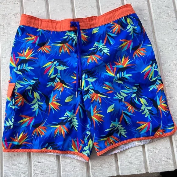 Lands’ End Men’s Board Shorts “Electric‎ Blue Tropical” Hook & Loop Fly L 36-38