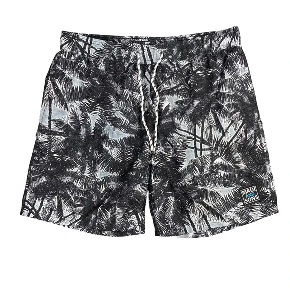 Maui and Sons Mens XL Swim Trunks Black White Palm Tree Tropical Board Shorts
