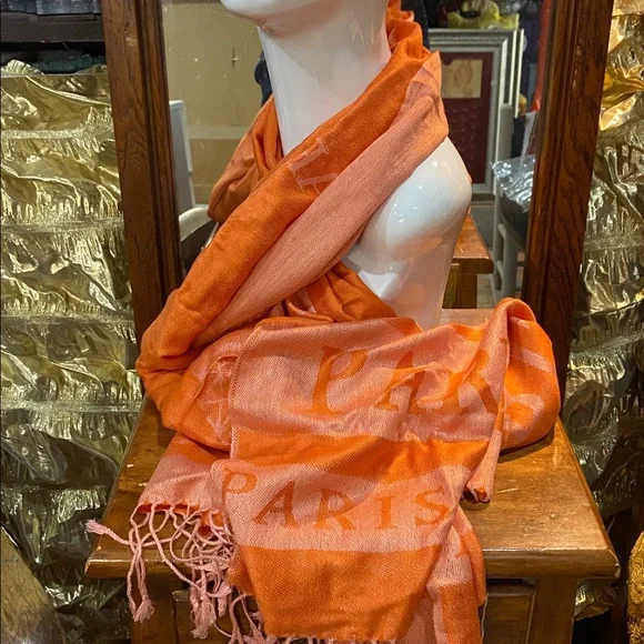 Paris Script Orange Silk Blend Scarf Wrap 80 x 27 inch NWOTs