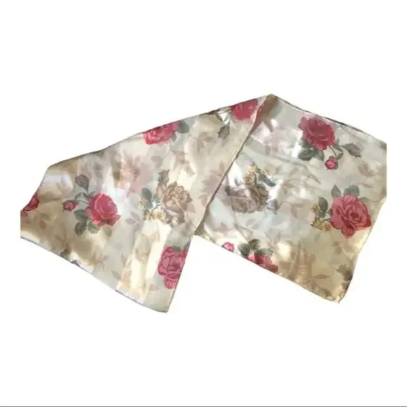 Vintage Ladies Scarf Floral Roses Rolled Edges Satin Feel Rectangle 51