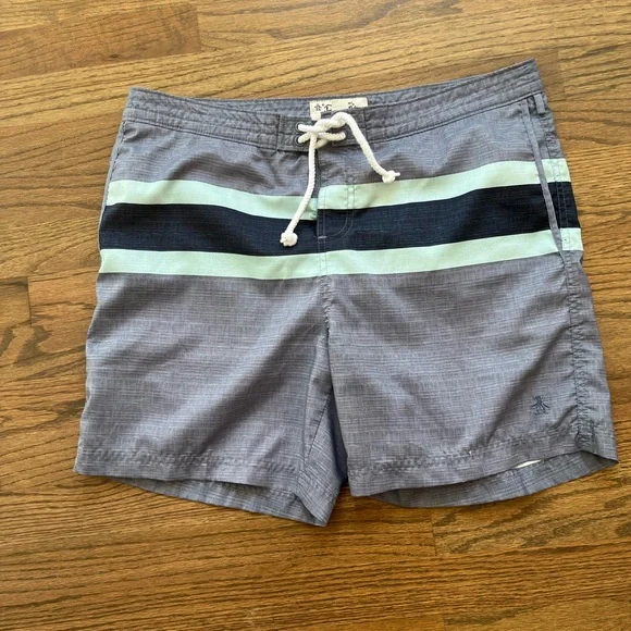Men’s Penguin Gray and Navy Bathing Suit Sz 34 Retro Coastal Beach Surfer swim