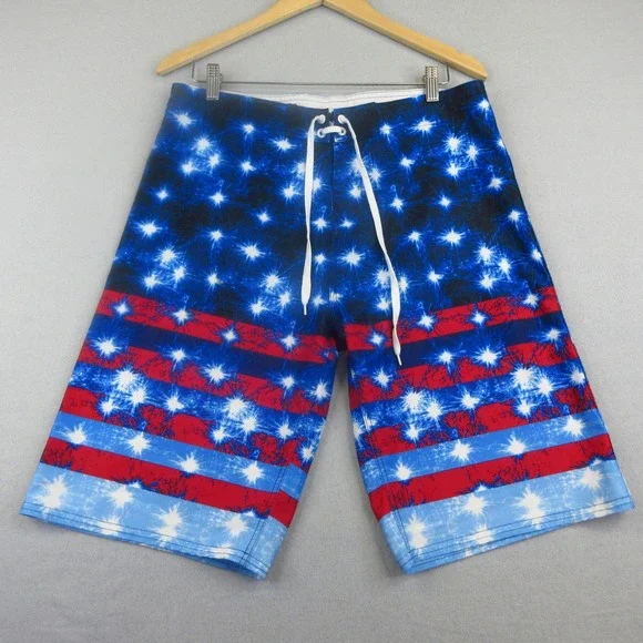 Burnside Board Shorts Mens 34 Red White Blue Stars Stripes 4th of July Swim Surf