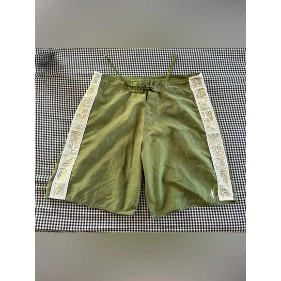 Vintage Y2K “Toes on The Nose” Olive Green Swim Trunks with White Tiki Sides