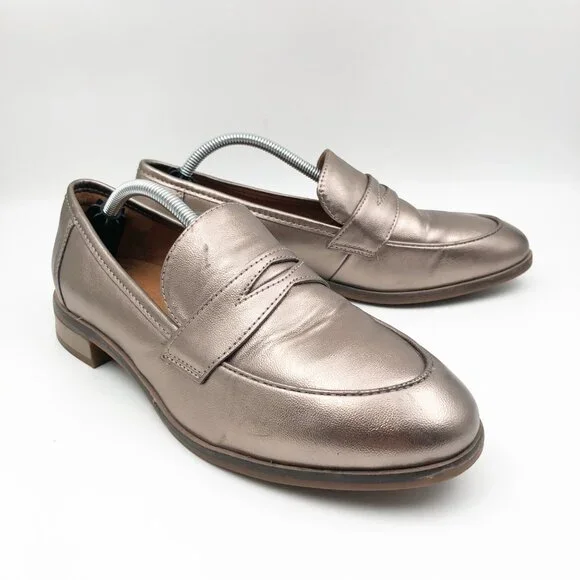 CLARKS Collection Shoes Womens 8.5 Bronze Shimmer Metallic Penny Loafers