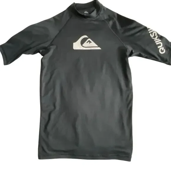 EUC Quiksilver Black White Short Sleeve Rash Guard Swim Top - Size Small
