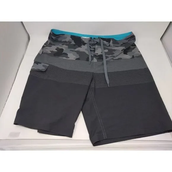 Sonoma Men's 36 Waist Swimming Trunks Board Shorts Gray Camo and Stripes Tie