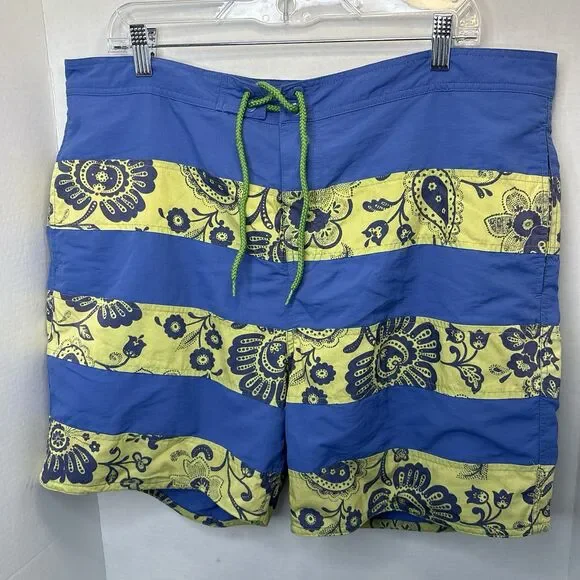 Reyn Spooner Swim Trunks Mens 38 Board Short Floral Tropical Blue Yellow Stripes