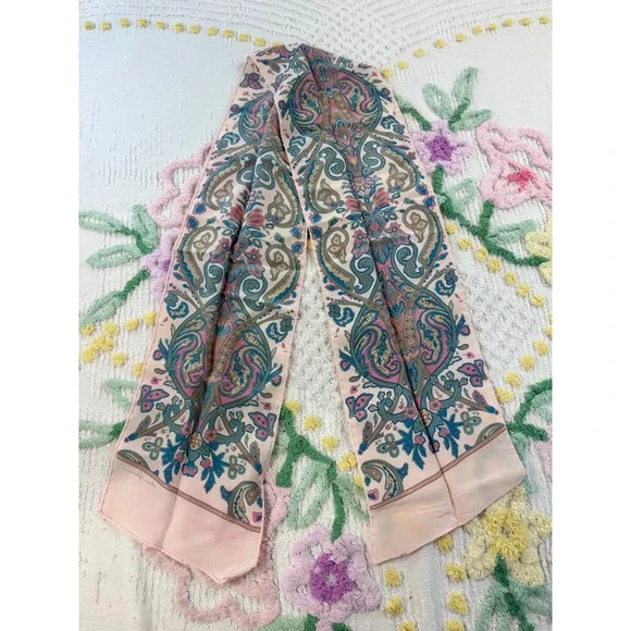 Ginnie Johansen Vintage Paisley Floral Oblong Scarf Pink Teal Boho Accessory
