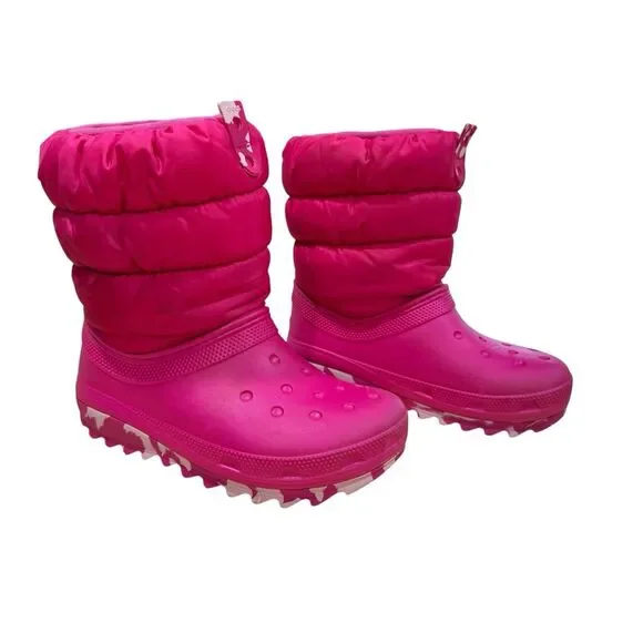 Crocs Classic Lined Neo Puff Slip On Rain Snow Boot Youth Kids J3 Fuschia Pink