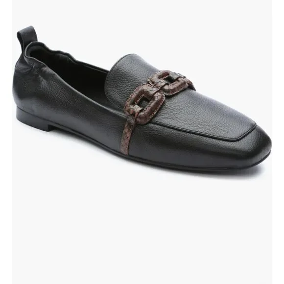 Sanctuary Blast Chain Leather Loafer Flats Sz 6 Black Pebble Brown Snakeskin