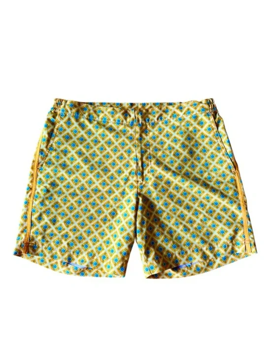 Fair Harbor Yellow Geometric Print Swim Trunks Shorts Lined Drawstring