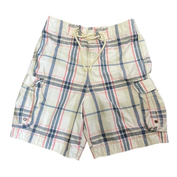 Hollister California White Blue Pink Plaid Swimshorts, Men's Size S