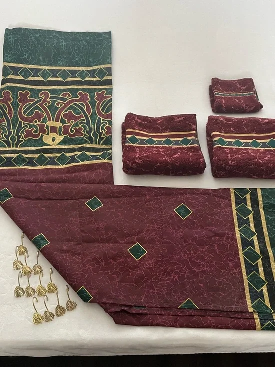 Vintage Marble Burgundy Green & Gold Shower Curtain Towels & Curtain Hooks Set