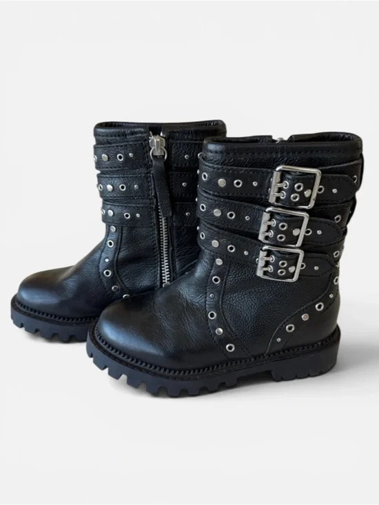 Zara Girls Studded Moto Combat Boots Black Silver Buckle Boots 10.5